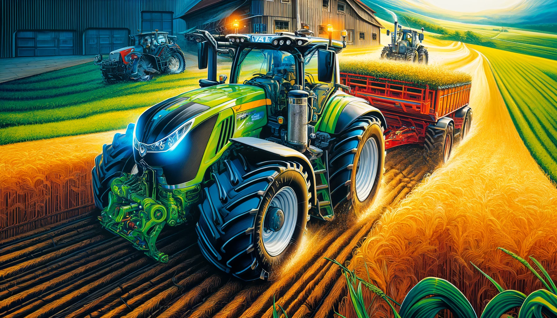 Valtra Tractors - A close-up, vivid and detailed illustration of Valtra tractors. The scene focuses on the tractors, showcasing their robust design and modern features (2)