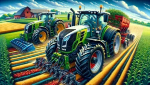 Valtra Tractors - A close-up, vivid and detailed illustration of Valtra tractors. The scene focuses on the tractors, showcasing their robust design and modern features (2)